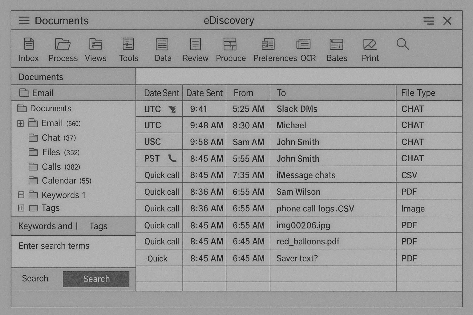 Modern Message Viewer — unified conversation interface showing merged Slack, SMS, and email messages in chronological order with platform indicators and legal metadata