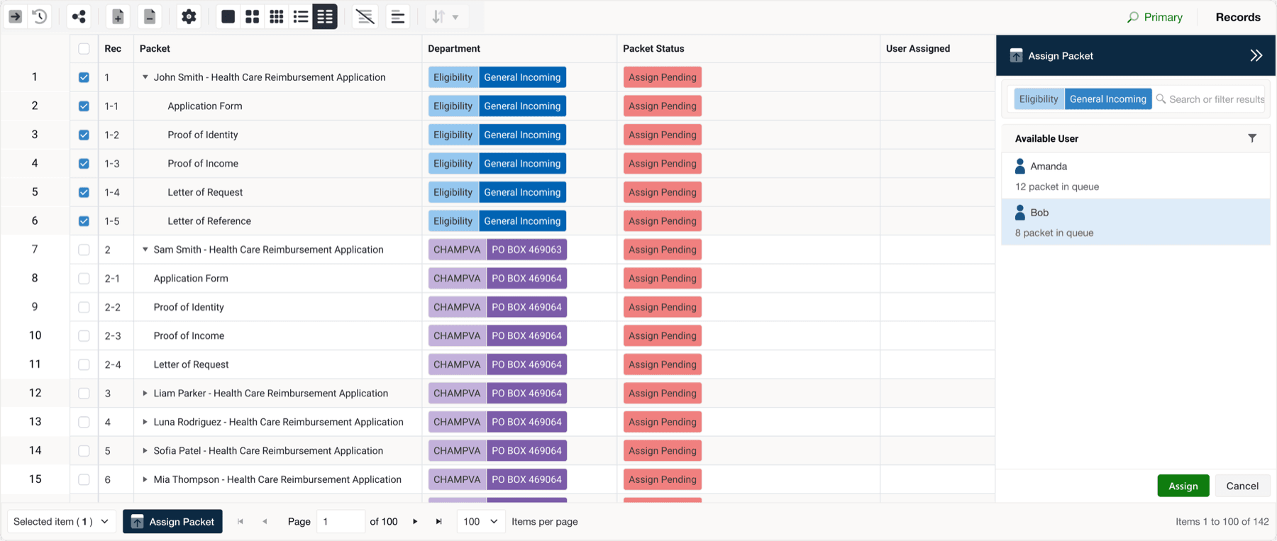Assignment interface — packet owner selection with department routing rules and status tracking fields